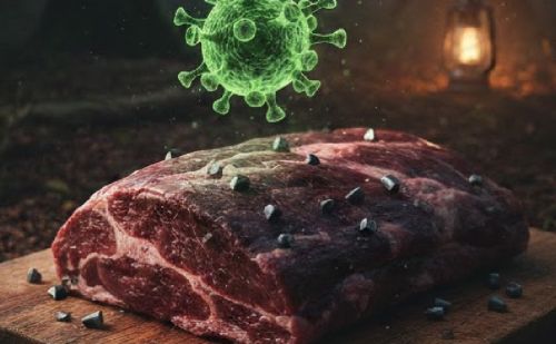 Pièce de viande de gibier crue sur une planche, surmontée d’un virus s