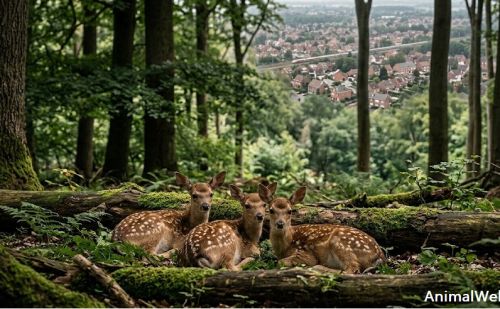 Trois faons dans une forêt avec en arrière-plan, une ville
