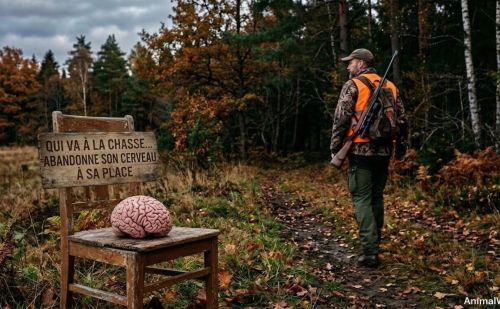 Chasseur qui part en forêt avec un cerveau sur une chaise