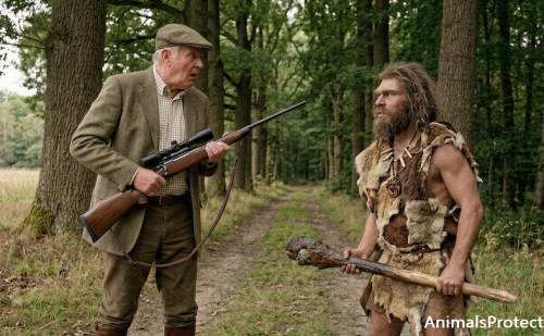 Le chasseur et un cro-magnon dans un bois