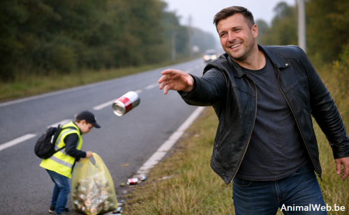 Un homme, jette sa canette tandis qu'un enfant ramasse les canettes