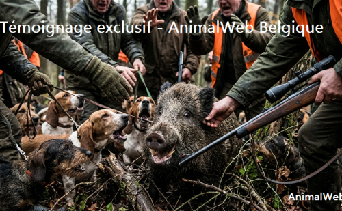 Sanglier pourchassé par des chiens et des chasseurs