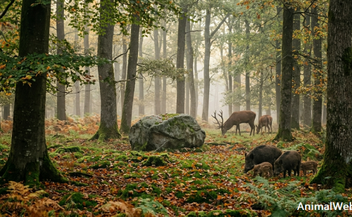 Cerf, biche et sangliers qui sont dans une forêt