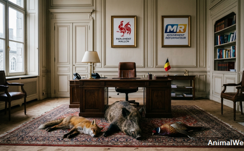 Renard, sanglier et faisan mort devant le bureau d'Adrien Dolimont
