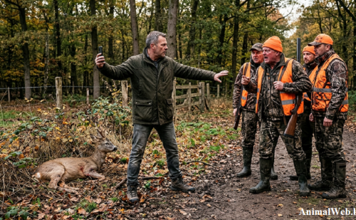 Chevreuil blessé protégé par une personne face à 4 chasseurs
