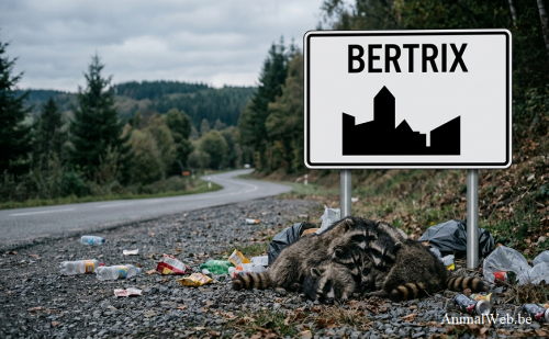 Ratons-laveurs morts devant le panneau d'entrée de la commune de Bertr